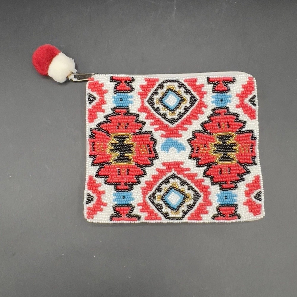 Western Aztec Beaded Coin Purse Pouch Pom-Pom Zipper Closure‎ Red Orange & White